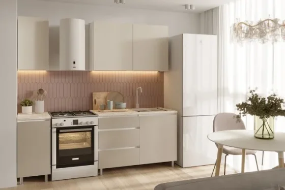 Кухня Ренер 160х220х60 см, со столешницей, белый/кашемир/королевский опал светлый